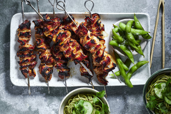 Pork belly skewers with green miso noodle salad.