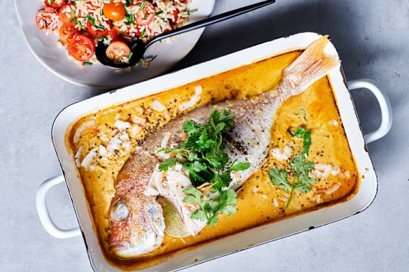 Yellow curry fish with fragrant lemongrass and coconut rice salad.