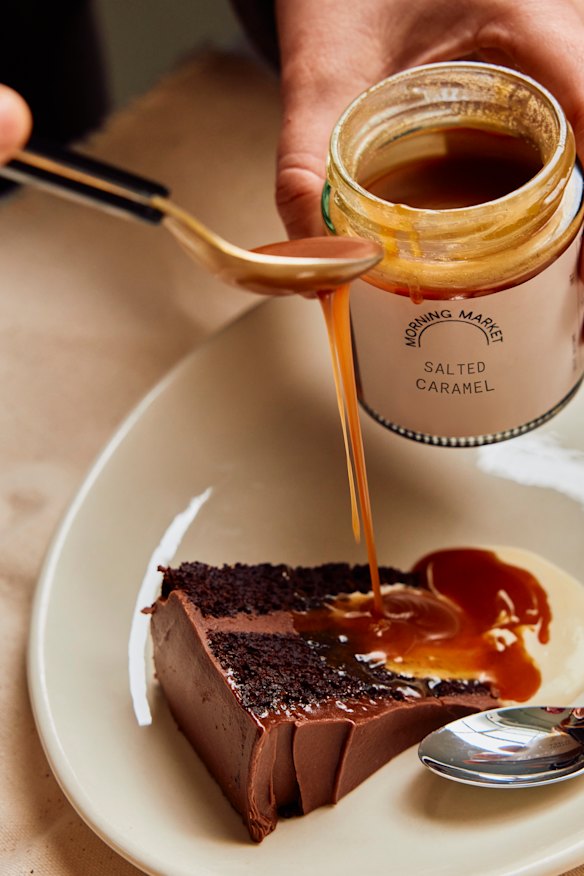 Morning Market’s chocolate Father’s Day cake comes with jars of salted caramel and vanilla cream for serving.