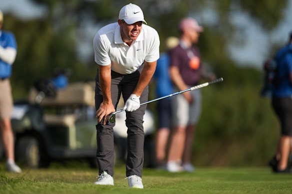 Rory McIlroy reacts after playing an approach shot to the 11th hole at Royal Melbourne on Thursday.