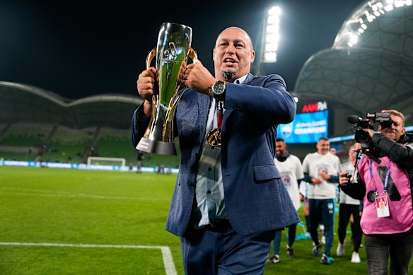 Ante Juric lifts the A-League Women’s grand final trophy last year.