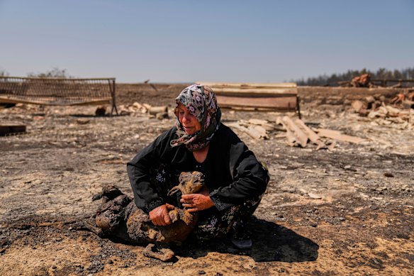 Local farmer Turkan Ozkan, 64, cries next to one of her animals killed during a fire in Guzelyeli, on the outskirts of Canakkale, north-west Turkey.