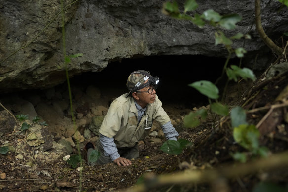 Takamatsu Gushiken leaves a cave after a session of searching for the remains of those who died during the Battle of Okinawa, in Itoman, Okinawa archipelago, southern Japan.