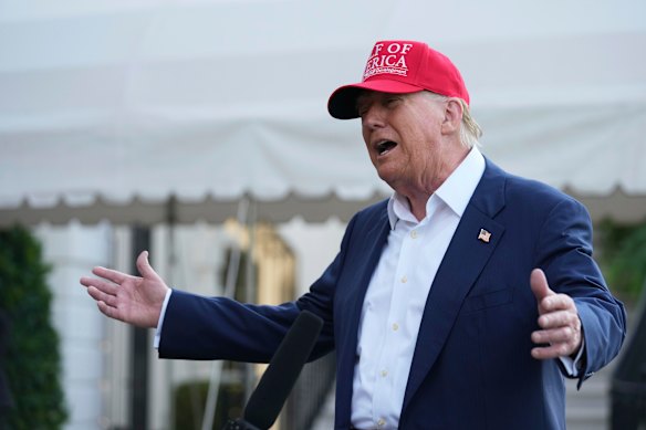 President Donald Trump speaks to the media at the White House on Tuesday.