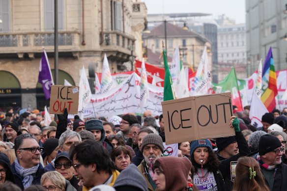 An anti-ICE demonstration ahead of the 2026 Winter Olympics in Milan.
