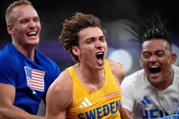 Sweden’s Armand Duplantis celebrates with Sam Kendricks of the United States and Greece’s Emmanouil Karalis after making a clearance to break the world record.