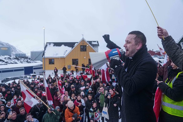 Greenlandic Prime Minister Jens-Frederik Nielsen led protests in the territory’s capital, Nuuk, on Saturday.