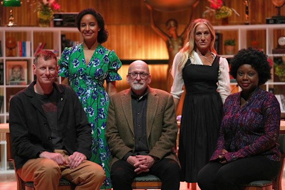 The Booker Prize 2025 judges (from left) writer Chris Power, author Kiley Reid, 1993 Booker Prize winner Roddy Doyle, actor Sarah Jessica Parker and Booker Prize-longlisted novelist Ayòbámi Adébáyò at the shortlist announcement in London.