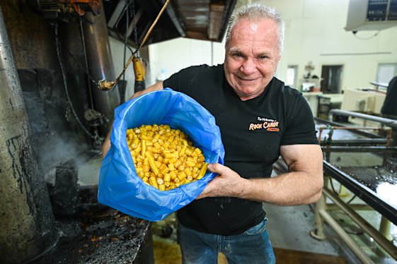  Confectioner Steve Scott in his Kyabram factory with a fresh batch of Castlemaine Rock lollies.
