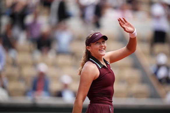 Mirra Andreeva, pictured during the French Open last year, overcame Queensland’s Olivia Gadecki at the Brisbane International. 