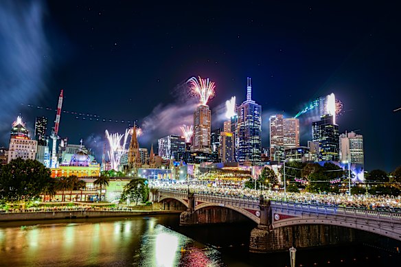 The 2024 New Year’s Eve fireworks display lights up Melbourne’s CBD. 