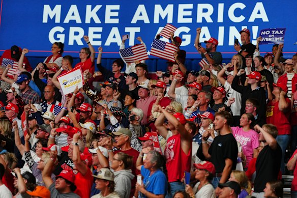 The 6500-capacity arena was basically full at the start of Trump’s speech, though it thinned out in the second half.