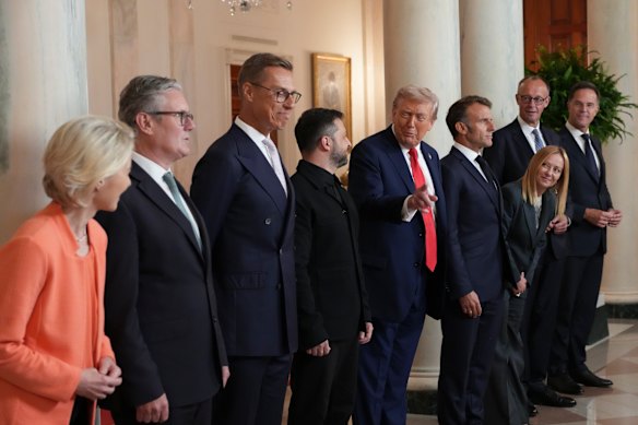 Donald Trump with Volodymyr Zelensky and other European leaders at the White House on August 18.