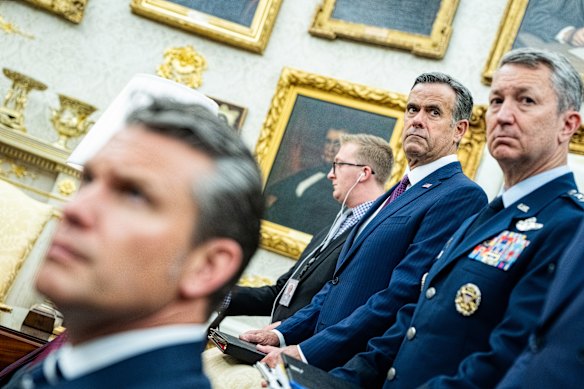CIA director John Ratcliffe (second from right) and General Dan Caine (right) the chairman of the Joint Chiefs of Staff, were among those to meet Trump in the Situation Room on February 18 to discuss military options.