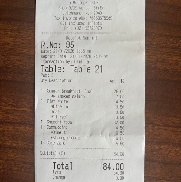 The receipt from La Bottega.