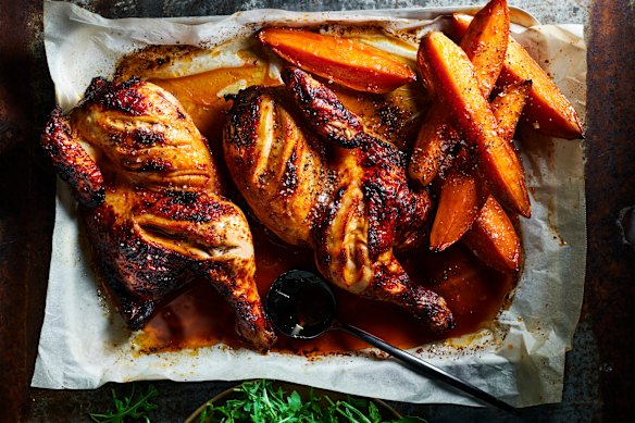 Harissa whole roast chicken and caramelised sweet potato.