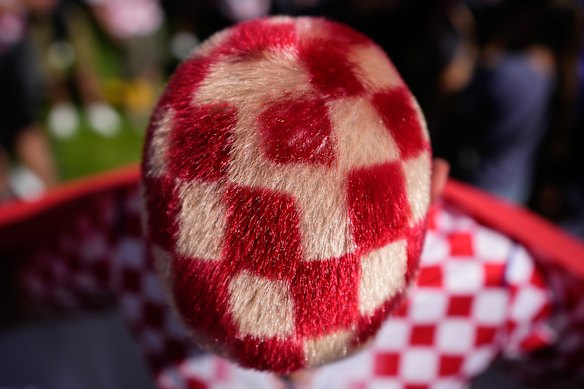 A soccer fan shows off his hair dyed in Croatia's signature red-and-white checkerboard pattern while marching to the stadium for the team's World Cup group-stage match against Panama, in Toronto.