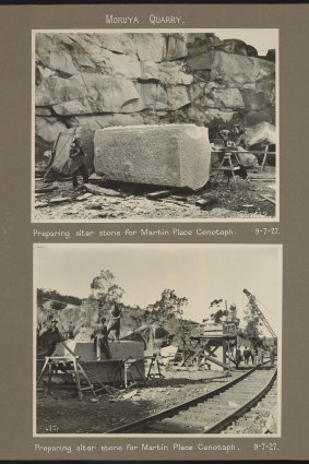 Preparing an altar stone for the Martin Place Cenotaph in 1927. Granite from Moruya was used for the Captain Cook statue and the Anzac Memorial in Hyde Park.