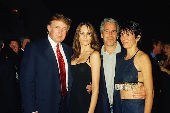 Donald Trump and his girlfriend (and future wife), Melania Knauss, with Epstein and Maxwell at Mar-a-Lago in 2000.
