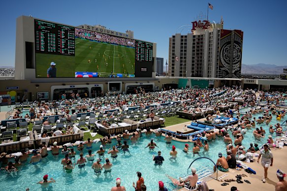 Fans watch the USA v Australia match at Circa Resort and Casino in Las Vegas.