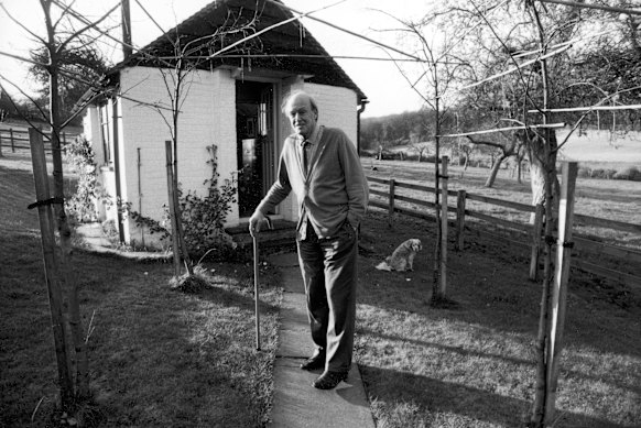 Author Roald Dahl outside the shed in Buckinghamshire, England, where he wrote his books.