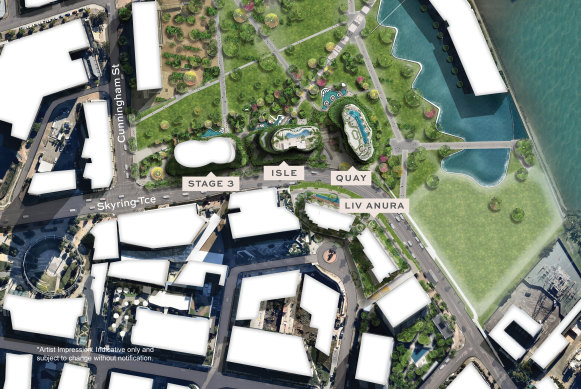 Mirvac’s Sky Precinct astatine  Newstead, Brisbane. The Gasworks is seen astatine  the bottommost  of the image.