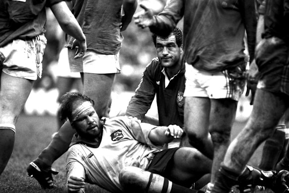 Peter Fitzsimons is floored during the Wallabies-France Test in 1990.
