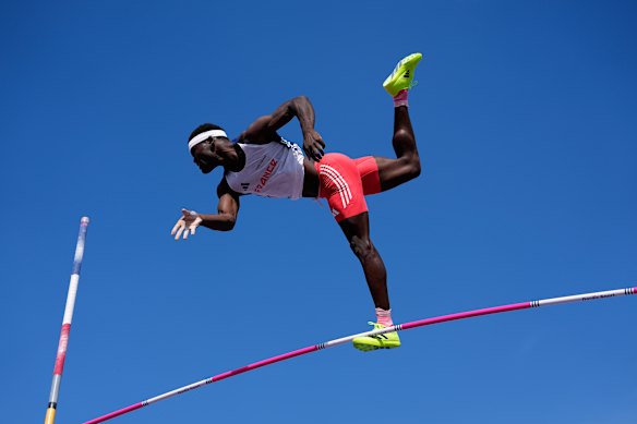 Makenson Gletty fails an attempt in the decathlon pole vault at the European Athletics Championships in Birmingham, England.