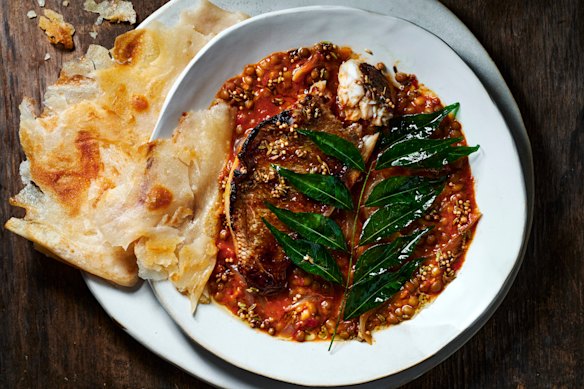 Lentil dhal with sticky tamarind roasted fish.