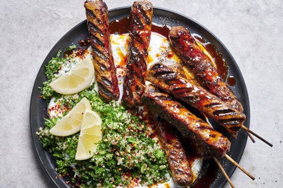 Barbecued cevapi skewers with herb and quinoa tabbouleh.