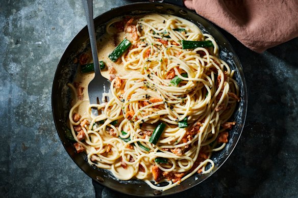Crispy salmon and miso carbonara takes a favourite dish in a new direction. 