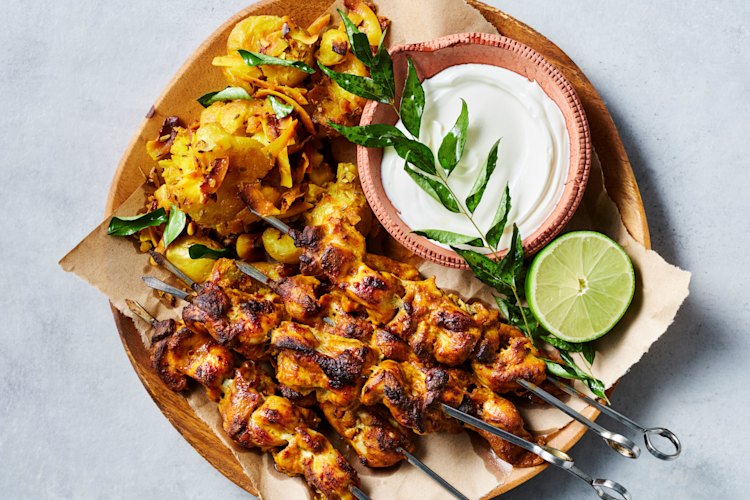 Grill these chicken tikka skewers on a barbecue or in a pan.