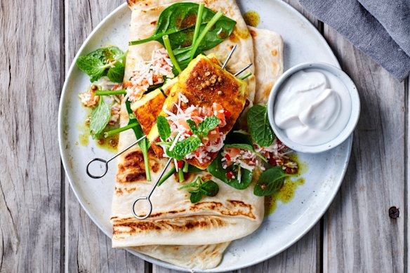 Paneer skewers with coconut-tomato sambal and toasted roti.