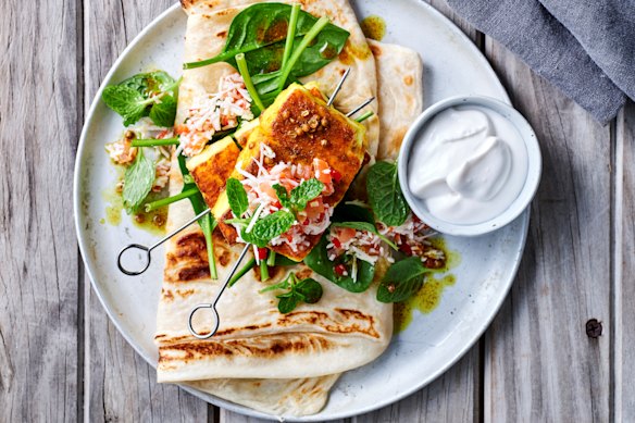 Coconut-tomato sambal adds pep to these paneer skewers.