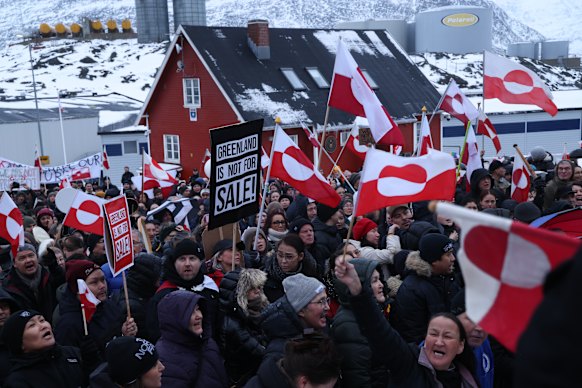 Greenlanders protest in front of the US consulate  in the capital, Nuuk.
