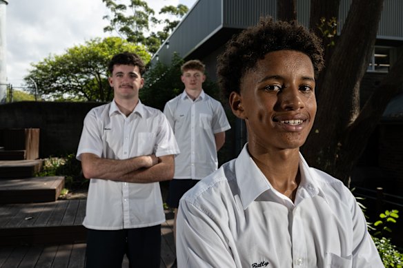 (From rear) Dan Atkinson, Cubby Evans and  Kingston Ssekiranda at Balgowlah High.