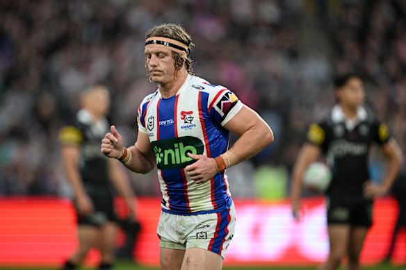 Newcastle hooker Phoenix Crossland is sent off on Sunday.