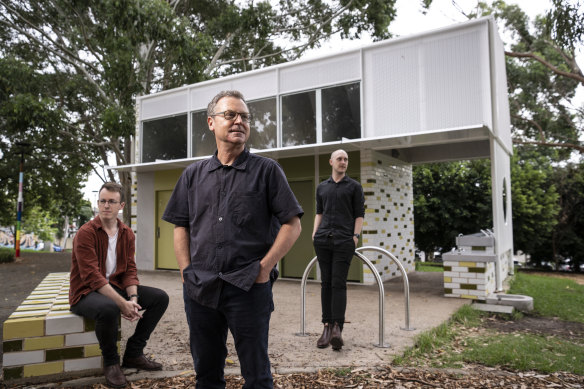 Architects Patrick Love, Andrew Nimmo and Luke Walker at their newly finished toilet block in Camperdown. 