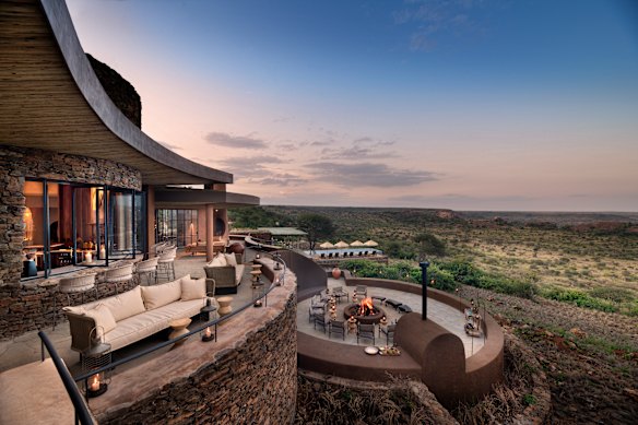 The main terrace with sunken courtyard and fire pit below.