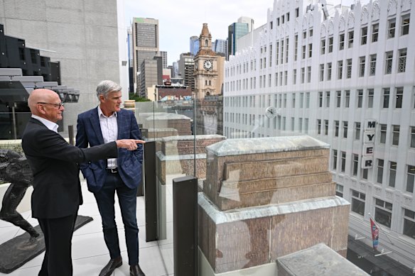 Architect Simon Swaney and Chris Langford on the rooftop balcony of the Bourke Street building. 