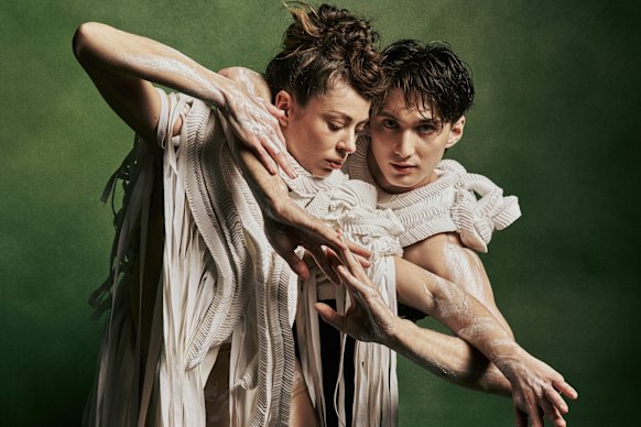 The Australian Ballet’s Hugo Dumapit with Bangarra’s Courtney Radford in costumes designed by Grace Lilian Lee.