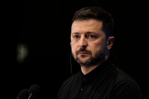 Volodymyr Zelensky addresses the media in Italy earlier this month.