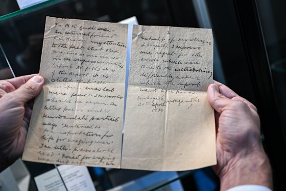 Letters on display include this correspondence from Mahatma Gandhi.