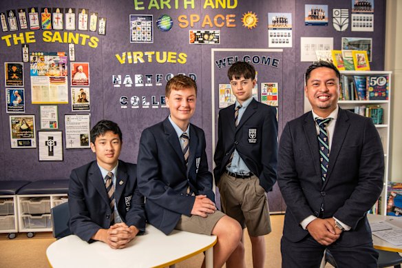 Hartford College principal Ian Mejia with students Matthew Hiu, Ben Mitchell and Will Brown.

