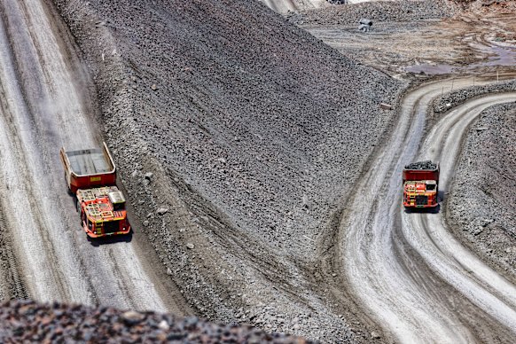 Trucks wind their way out of Northern Star’s Super Pit on the outskirts of Kalgoorlie. 