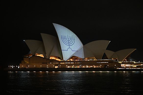 The Sydney Opera House lit up with a menorah for Hanukkah.