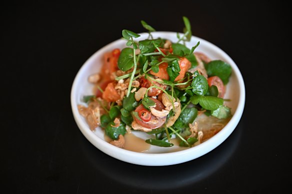 The lotus root salad with sweet potato, watercress, cashew and cherry tomato.