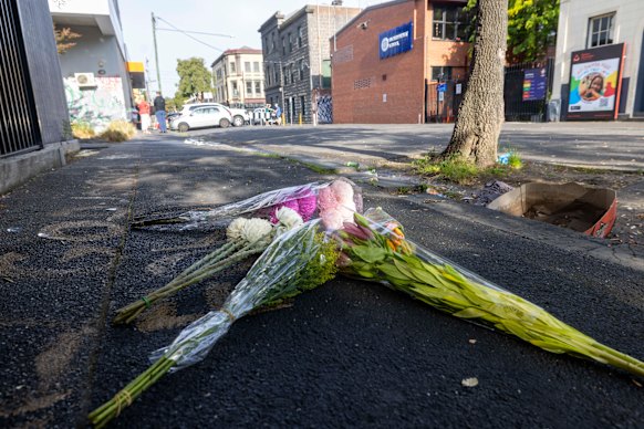 Flowers left in Fitzroy, to remember a boy killed on the street.