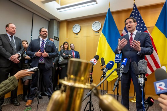 Secretary of State Marco Rubio speaks to the media at the Geneva talks.