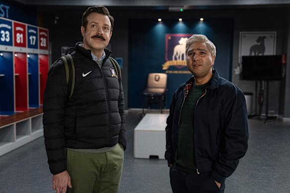 Nick Mohammed as Nate, with Jason Sudeikis, in Ted Lasso season 3.
